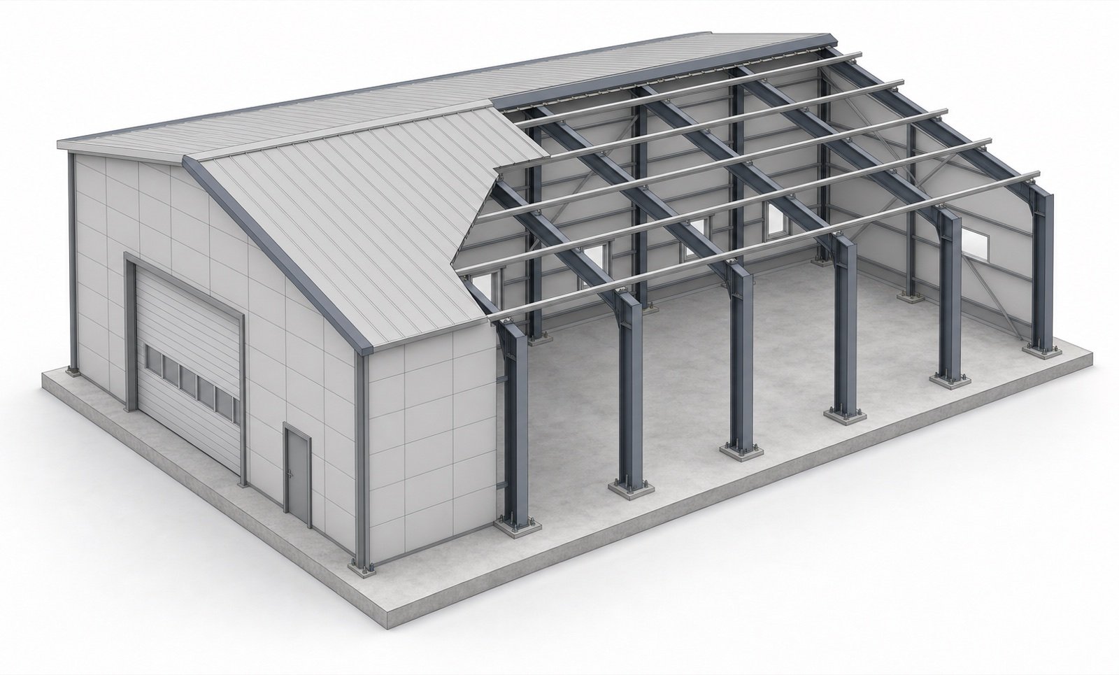 CAD-Ansicht der Hallenkonstruktion mit sichtbarem Tragwerk
