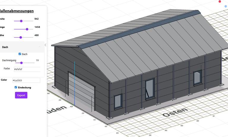 Bedienoberfläche eines Hallenkonfigurators mit 3D-Modell und Parametern