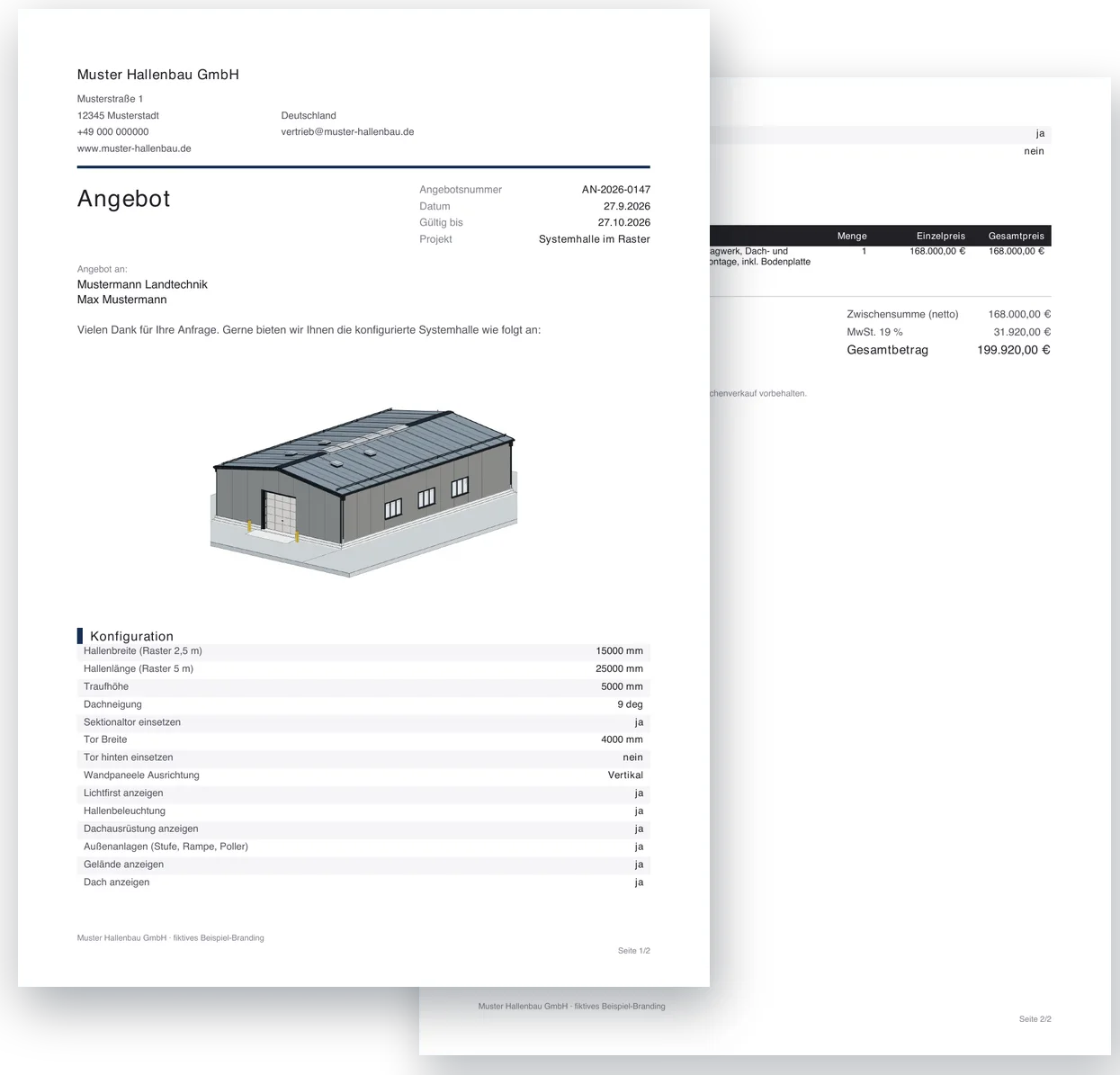 Zweiseitiges Angebots-PDF der Systemhalle mit Briefkopf, Ansicht, Konfiguration, Position und Gesamtbetrag