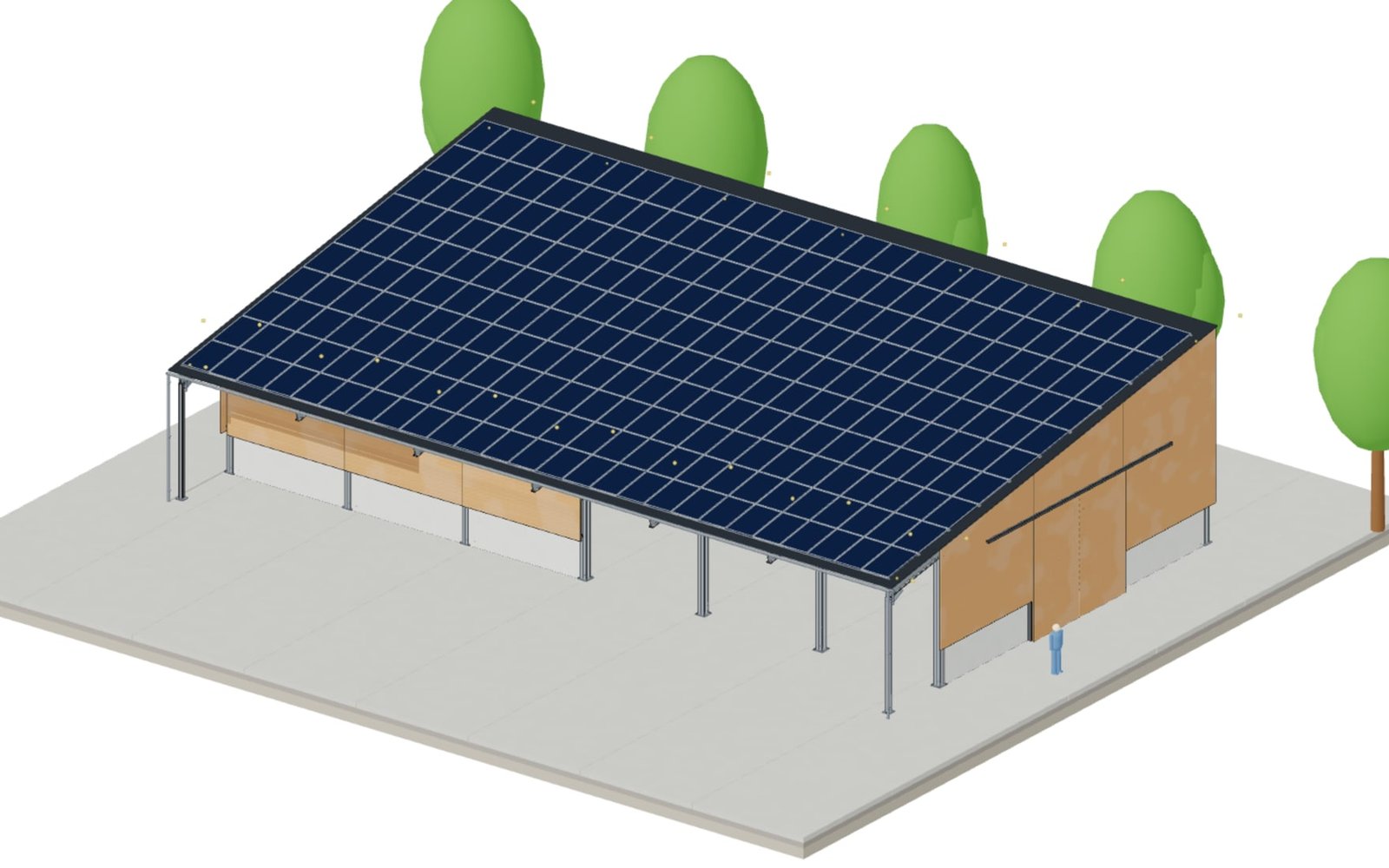 Maschinenhalle 15 × 30 m mit PV-Pultdach, Vordach und drei offenen Feldern