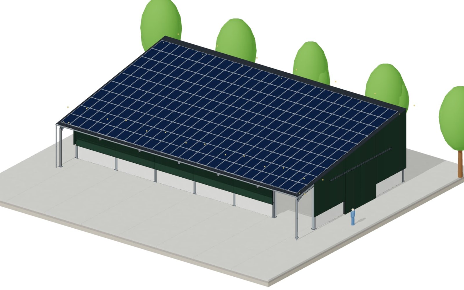 Dieselbe Halle geschlossen mit grünem Trapezblech