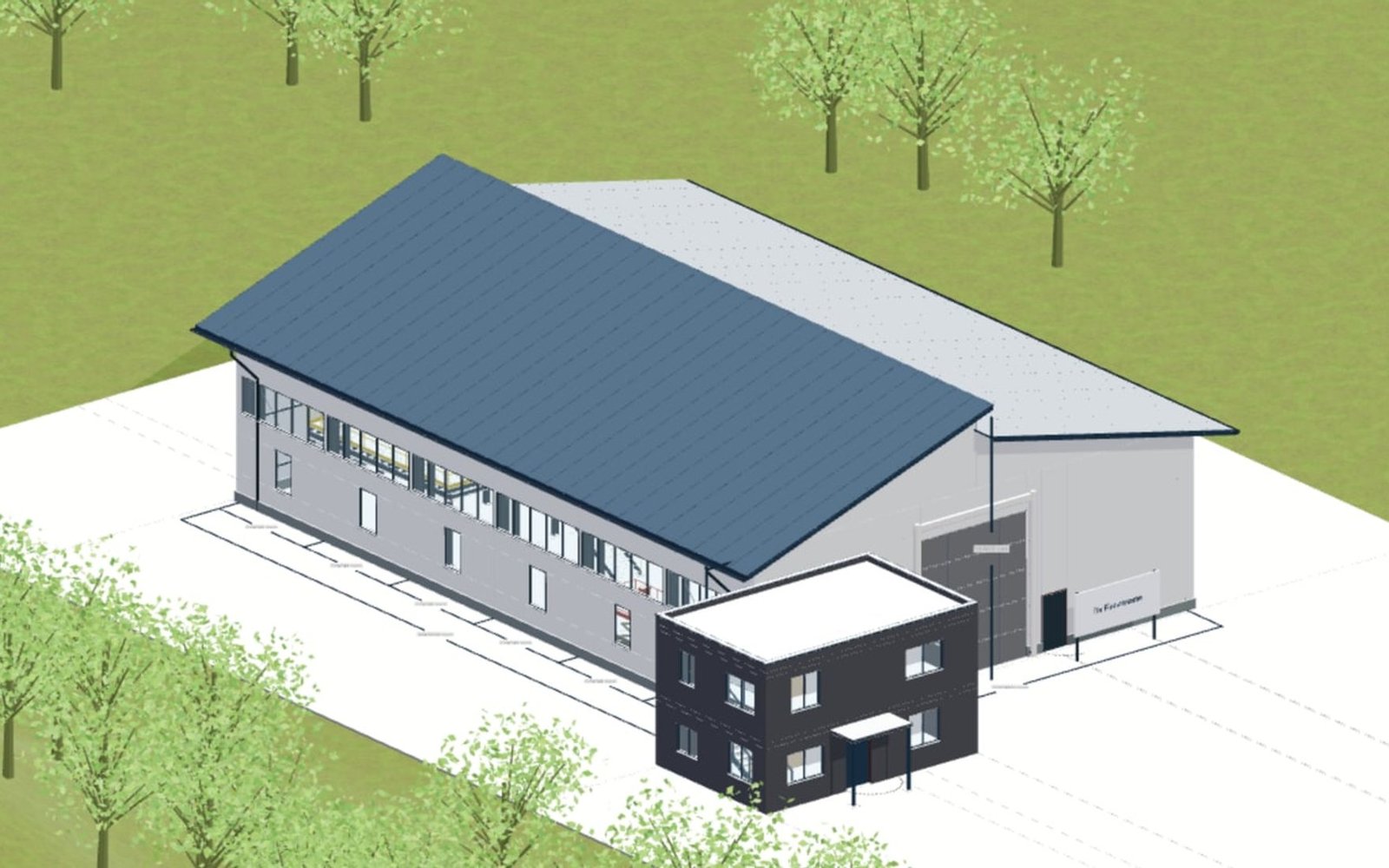 Stahlhalle mit Gebäudehülle, Bürogebäude und Außenanlagen