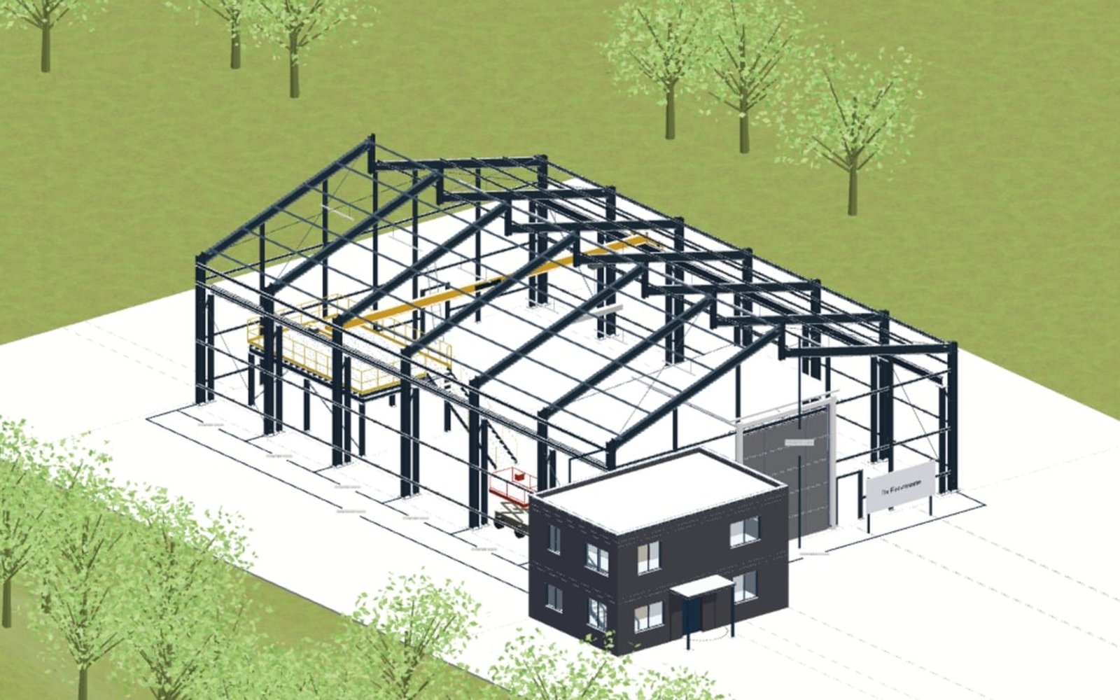 Tragwerk der Halle mit Vollwandbindern, Pfetten und Brückenkran