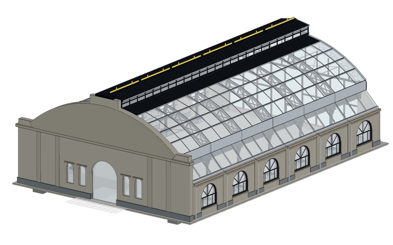 Markthalle mit verglastem Tonnendach, Arkadenwand und Giebelfassade