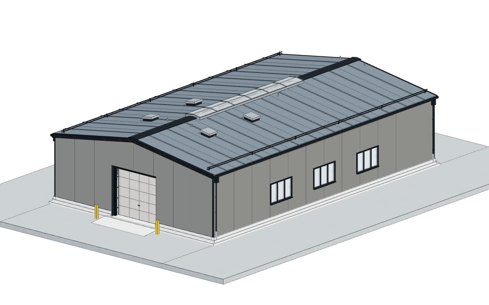 Systemhalle 15 × 25 m mit Sektionaltor, Fensterfeldern und Lichtfirst
