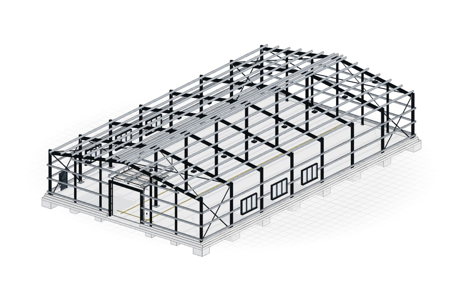 Größte Rastervariante 20 × 35 m als Tragwerk mit acht Bindern und Mittelstützen